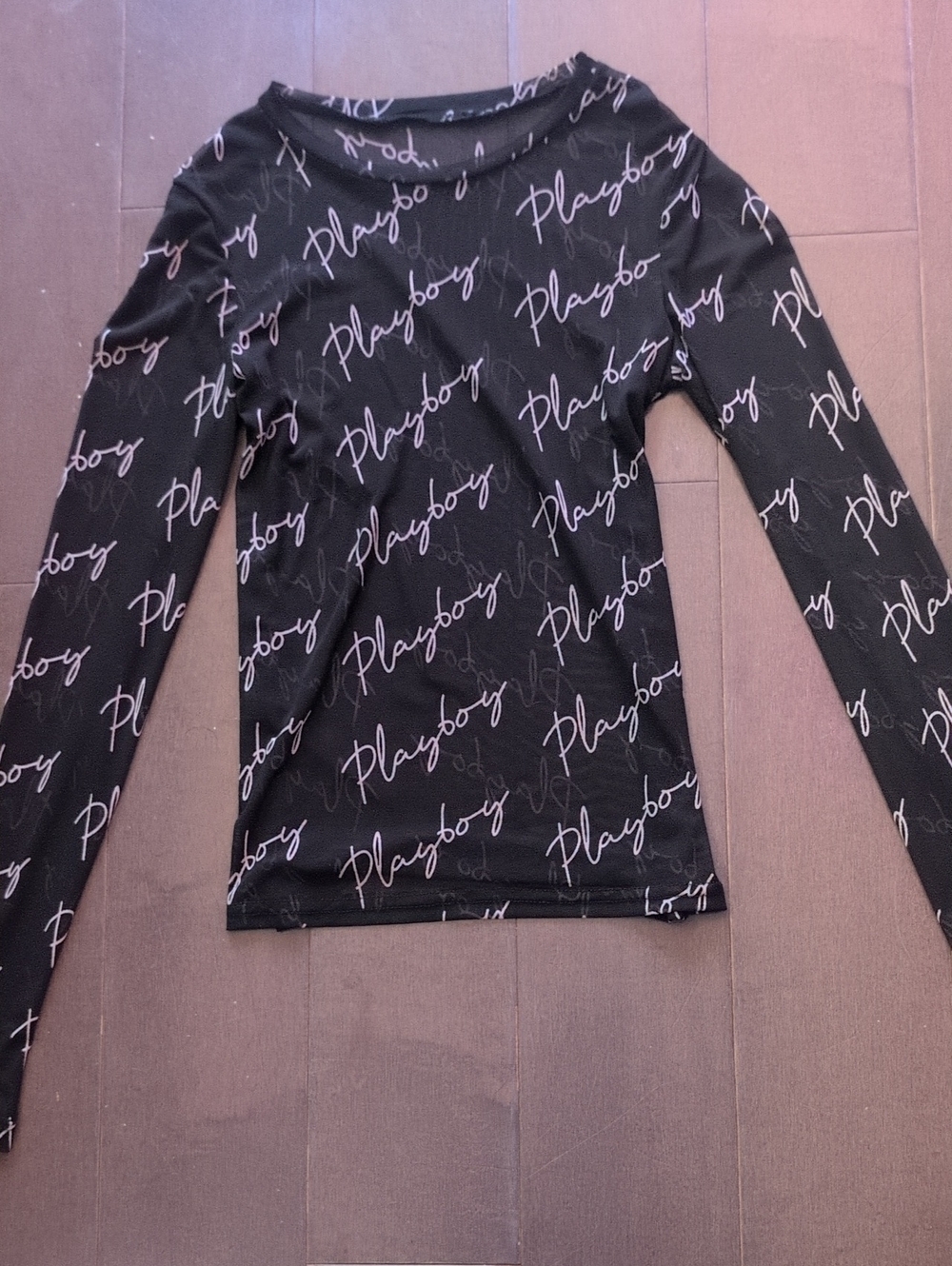 PLAYBOY Sheer Black Long-Sleeve Top with Silver Playboy Print